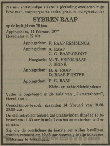 overlijdensadvertentie sijbren raap on 11 Feb 1977.
